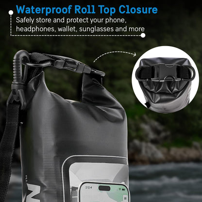 Pelican Marine IP68 Waterproof Dry Bag 2L - Roll Top Waterproof Backpack w/Phone Case/Pouch - Boating & Kayak Accessories - Essentials for Camping Swimming Beach Fishing Rafting Travel - Black/Yellow