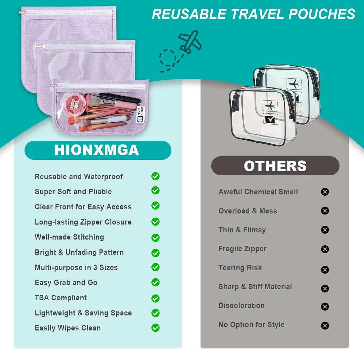 HIONXMGA TSA Approved Toiletry Bag, Set of 3 Clear Travel Toiletry Bag Quart Size Zipper Travel Pouch, Waterproof Makeup Cosmetic Bag for Women Men Kids Toiletries Carry on, Cacti A