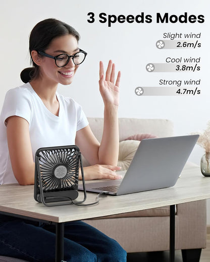 Koonie USB Desk Fan, Strong Wind Ultra Quiet Small Personal Fan with 180° Tilt Folding and 3 Speeds Adjustable, USB-C Corded Powered Mini USB Fan for Office Desktop Bedroom, NO BATTERY