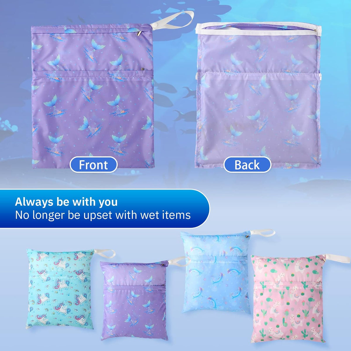 Frienda 4 Pack Wet Bags for Swimsuits, Waterproof Reusable Travel Wet Dry Bags with Zippered Pockets for Beach Pool Swimwear, Towels, Gym, Cloth Diapers, Summer Vacation Essentials(Nautical Style)