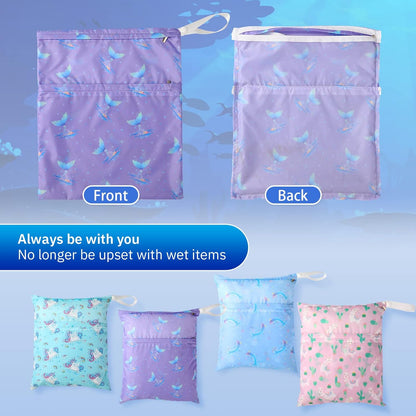 Frienda 4 Pack Wet Bags for Swimsuits, Waterproof Reusable Travel Wet Dry Bags with Zippered Pockets for Beach Pool Swimwear, Towels, Gym, Cloth Diapers, Summer Vacation Essentials(Nautical Style)