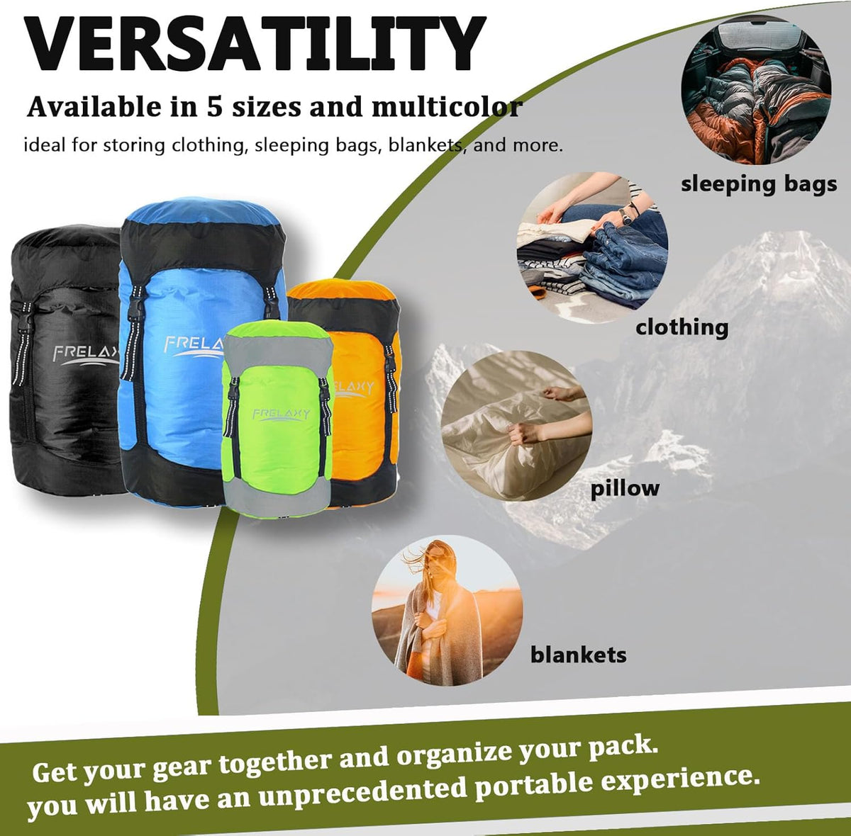 Frelaxy Compression Sack, 40% More Storage! 11L/18L/30L/45L/52L Compression Stuff Sack, Water-Resistant & Ultralight Sleeping Bag Stuff Sack - Space Saving Gear for Camping, Hiking