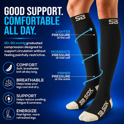 SB SOX Compression Socks for Men & Women (20-30mmHg) – Best Compression Socks for Flying, Medical, Sports, Wide Calf Fit, and Daily Wear