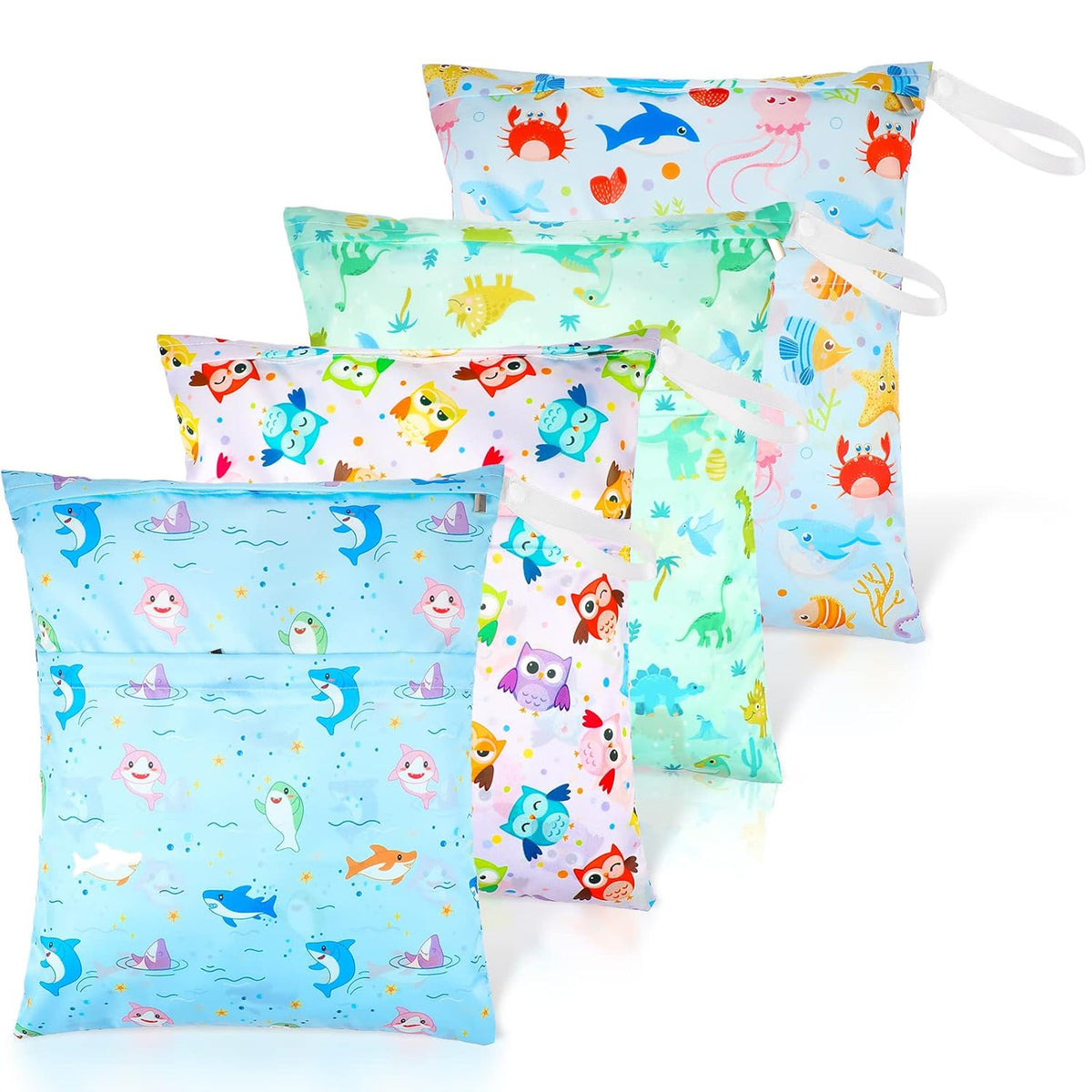 Frienda 4 Pack Wet Bags for Swimsuits, Waterproof Reusable Travel Wet Dry Bags with Zippered Pockets for Beach Pool Swimwear, Towels, Gym, Cloth Diapers, Summer Vacation Essentials(Nautical Style)