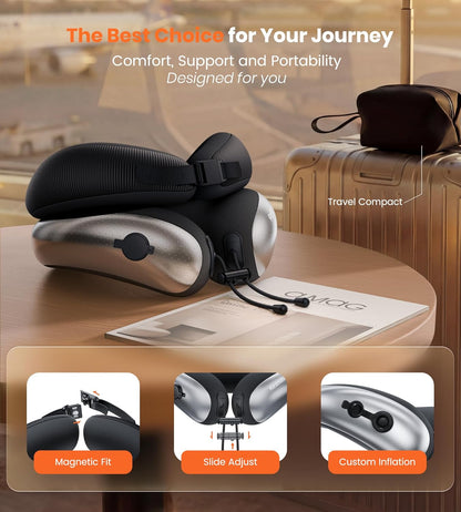 Neck Pillow for Traveling, Travel Pillows for Airplanes, Adjustable Neck Pillow Airplane Travel Essentials - 2 Layer Patented | Inflatable Air Loop & Memory Foam for 360° Ergonomic Support