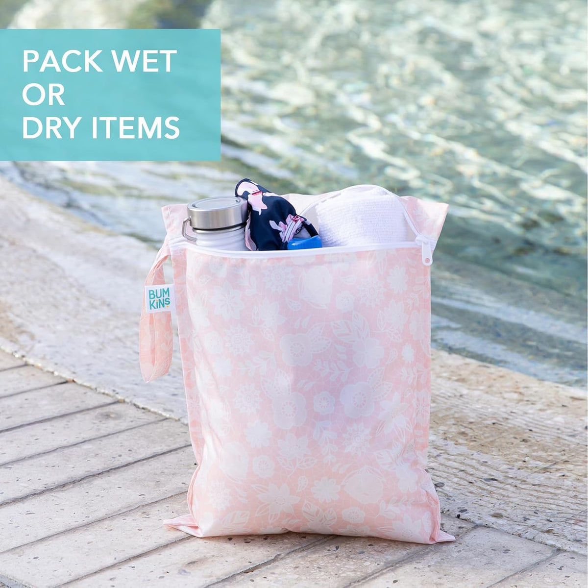 Bumkins Waterproof Wet Bag for Baby, Travel, Swim Suit, Cloth Diapers, Pump Parts, Pool, Beach, Gym Clothes, Toiletry, Hook to Stroller, Daycare, Zipper Reusable Wetdry Packing Pouch, Jungle