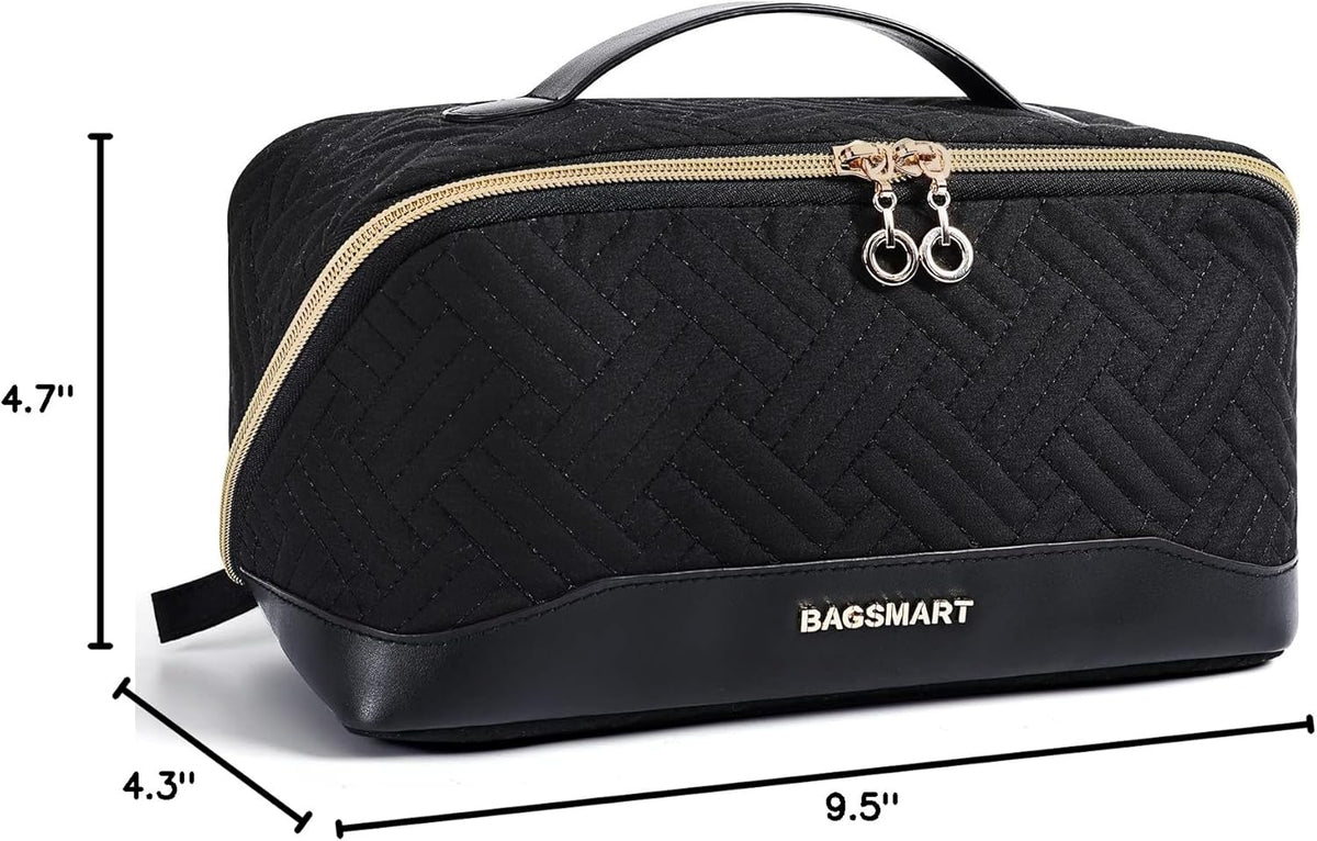 BAGSMART Travel Makeup Bag for Women, Portable Water-resistant Cosmetic Case, Puffy Padded Make Up Organizer Pouch, Open Flat Toiletry Bag for Toiletries, Brushes, Black