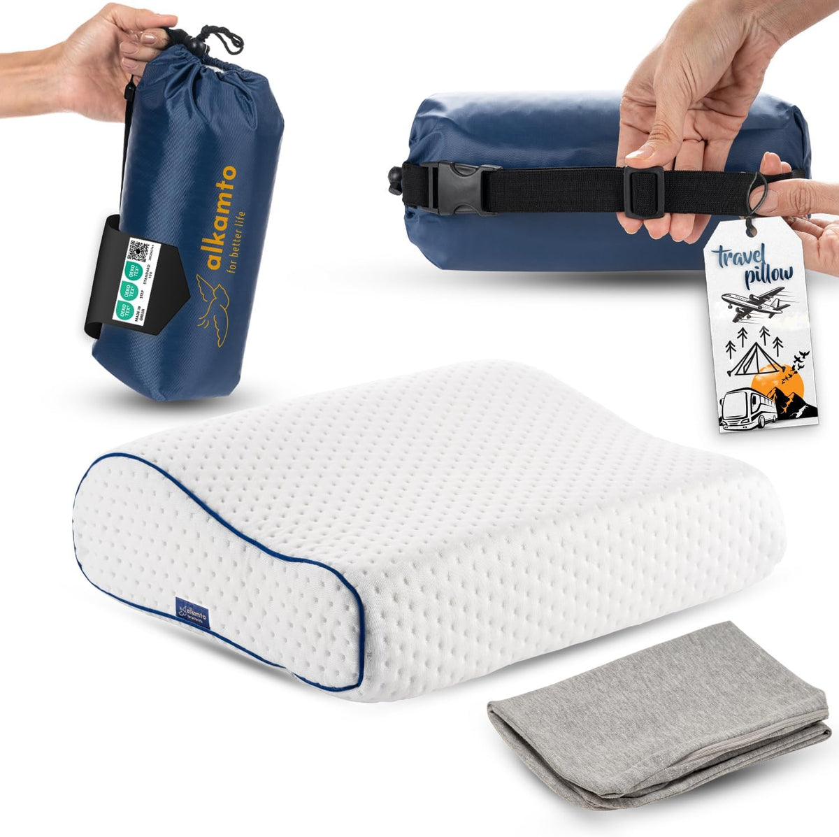 Travel & Camping Comfortable Memory Foam Pillow – Easy to Carry Portable Bag – Temperature Regulating Pillow Case
