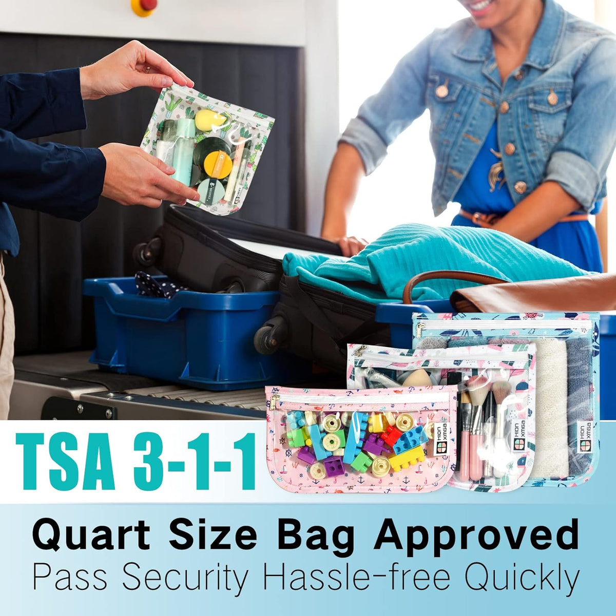 HIONXMGA TSA Approved Toiletry Bag, Set of 3 Clear Travel Toiletry Bag Quart Size Zipper Travel Pouch, Waterproof Makeup Cosmetic Bag for Women Men Kids Toiletries Carry on, Cacti A