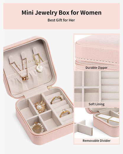 VLANDO Travel Jewelry Case - Bridesmaid Gifts for Women - Small Travel Jewelry Box, Mini Jewelry Organizer, Travel Essentials Gift for Teen Girl - Pink