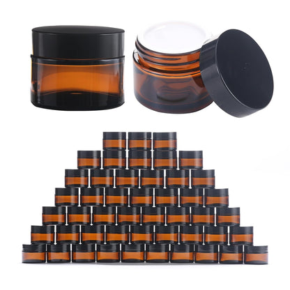 OverNews 2oz Amber Glass Jar Travel Size, 4PCS Empty Cosmetic Lotion Container with Black Lid & Spatula, Small Mini Jar for Beauty