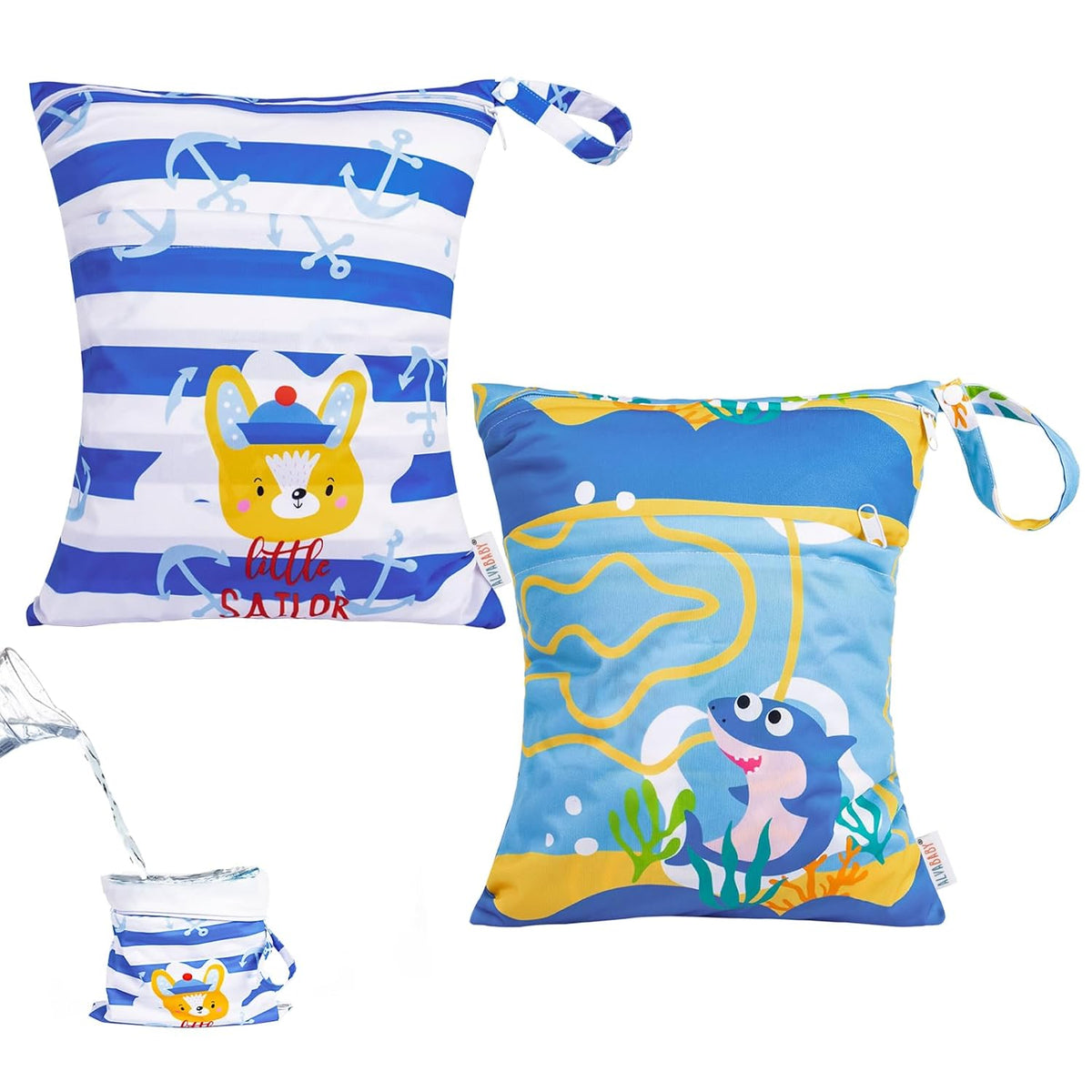 ALVABABY 2pcs Superior Waterproof Wet Dry Bags,Reusable with Two Zippered Pockets, Baby Cloth Diaper Wet Bags,Travel,Beach,Pool,Daycare,Soiled Baby Items,Yoga Gym Bag,Wet bag for Swimsuit