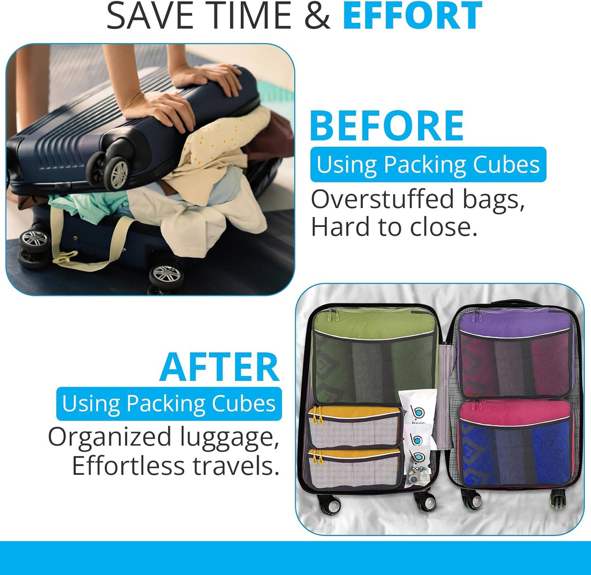 bago 7 Pcs Packing Cubes for Travel - 4 Travel Packing Cubes for Suitcases with 3 ZipLock Bags - Luggage Organizer Bags to Get Maximum Storage, Save Time & Effort to Pack (Green Red PurpleYellow)