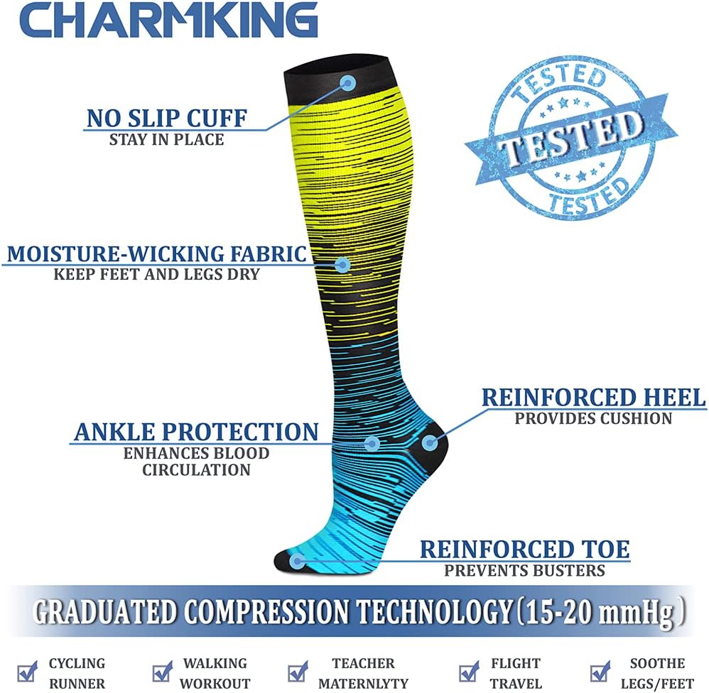 CHARMKING Compression Socks for Women & Men Circulation (8 Pairs) 15-20 mmHg Best Calf Socks Support for Athletic Cycling - Colors B