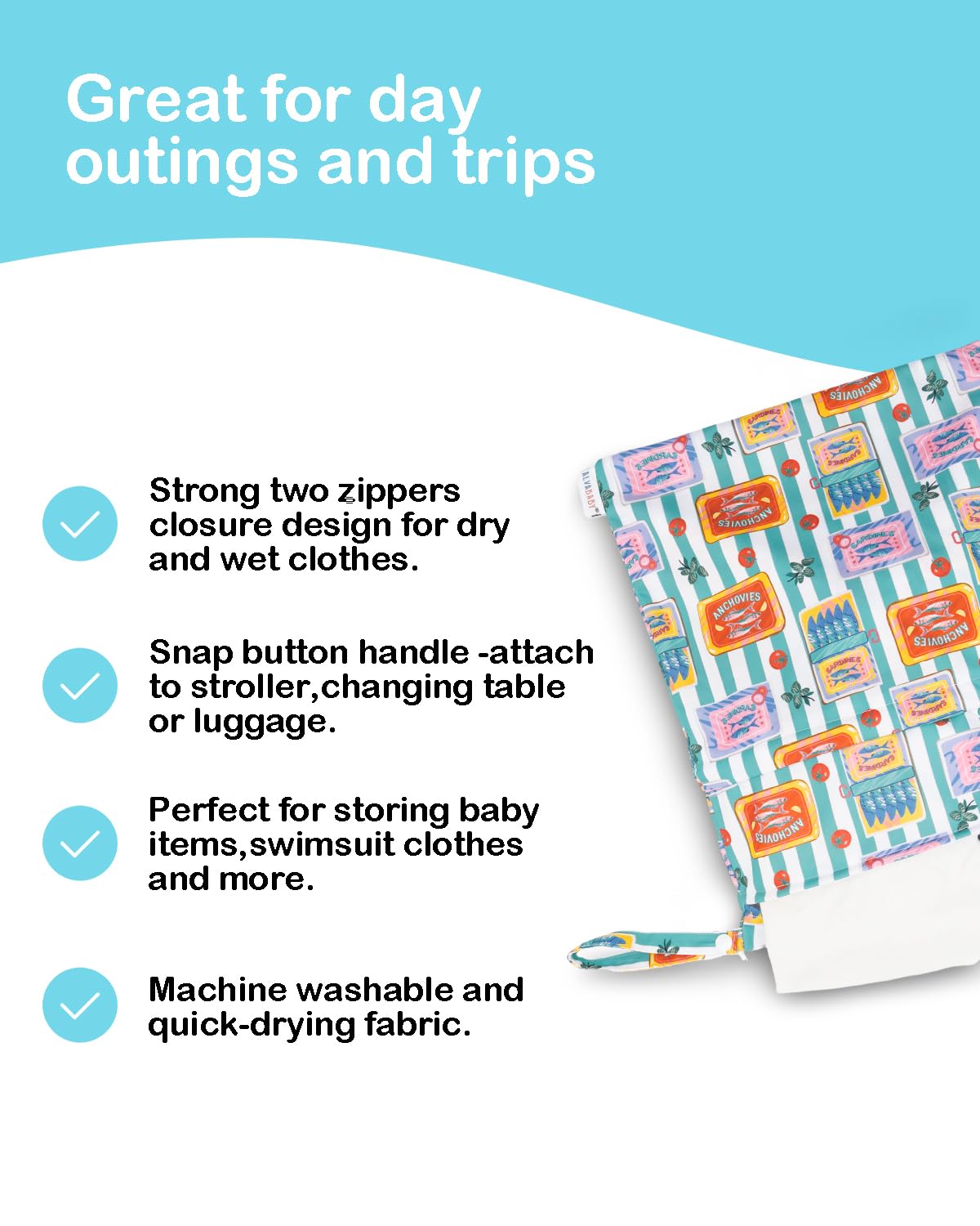 ALVA ALVABABY 2pcs Cloth Diaper Wet Dry Bags Waterproof Reusable with Two Zippered Pockets Travel Beach Pool Daycare Soiled Baby Items Yoga Gym Bag for Swimsuits or Wet Clothes L2629