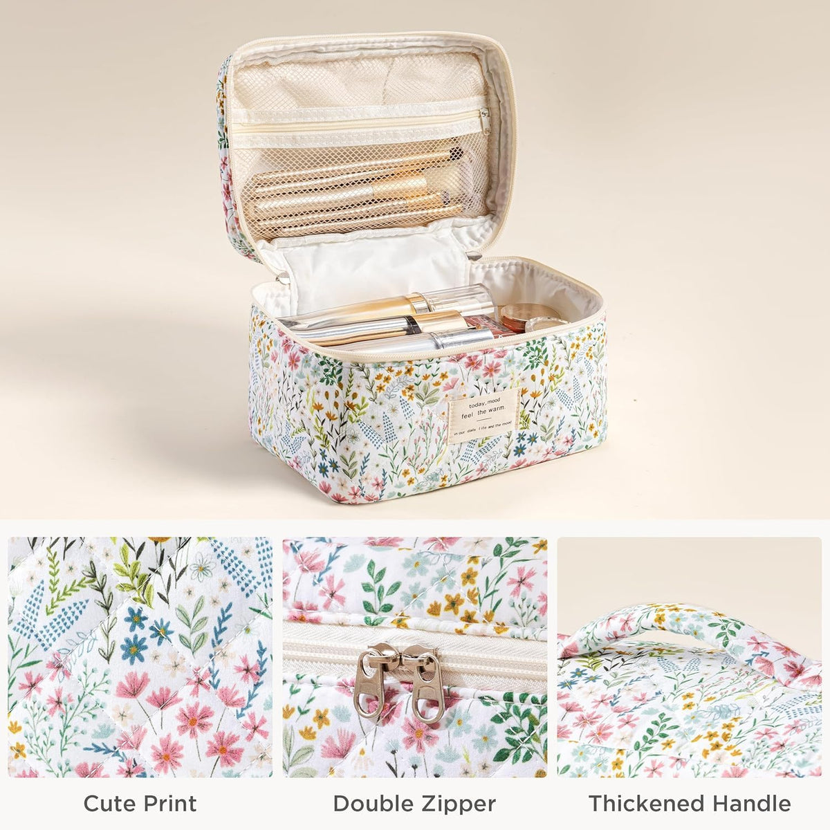 HBselect Quilted Makeup Bag, 3PCS Cotton Large Travel Makeup Bag, Cute Floral Coquette Make up Bag Cosmetic Bag Toiletry Bag for Women Girls - Colors B
