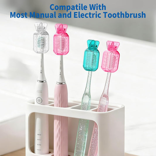 Frekare Toothbrush Covers Caps, Clip-On Toothbrush Protector for Household Travel, Brush Head Pod Case Fits Most Manual and Electric Toothbrushes, 6 Count (Transparent without Glitter)