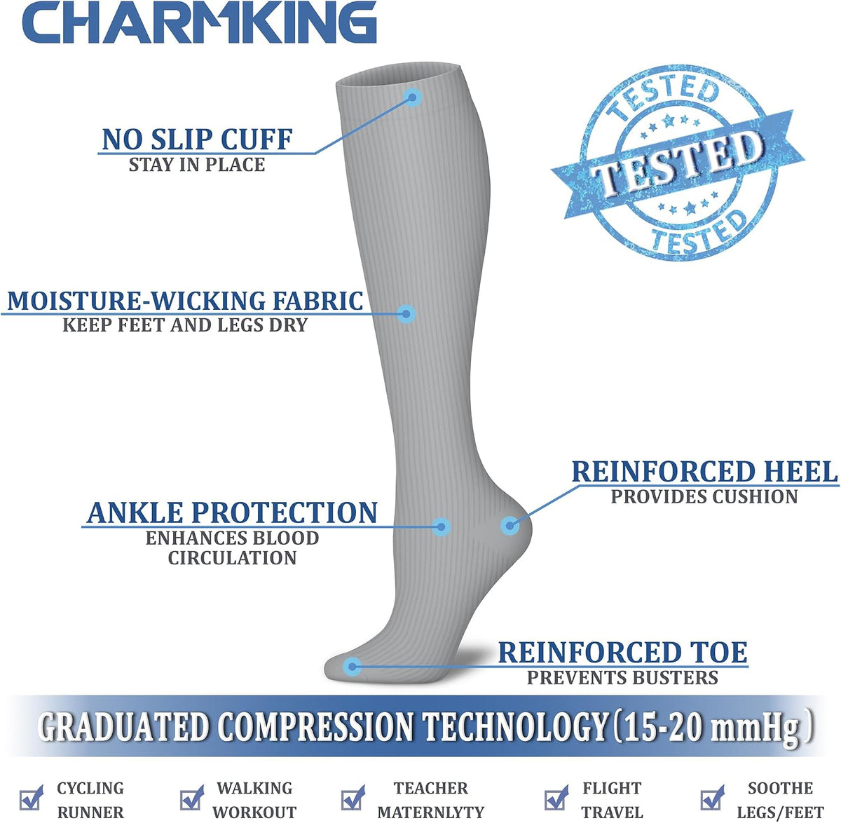 CHARMKING Compression Socks for Women & Men Circulation (8 Pairs) 15-20 mmHg Best Calf Socks Support for Athletic Cycling - Colors A