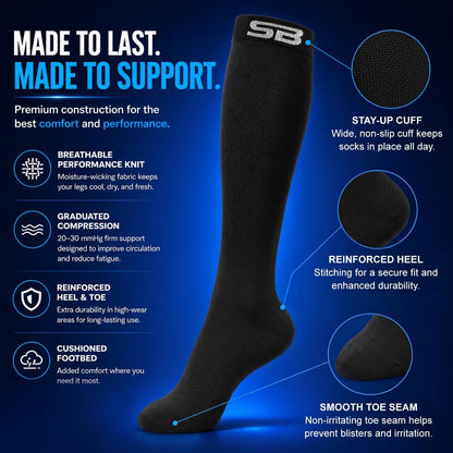 SB SOX Compression Socks for Men & Women (20-30mmHg) – Best Compression Socks for Flying, Medical, Sports, Wide Calf Fit, and Daily Wear