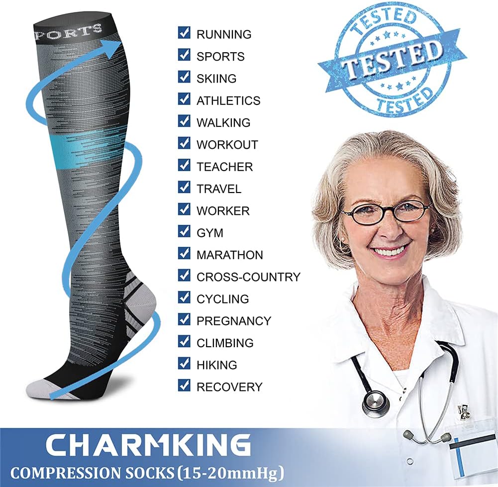 CHARMKING Compression Socks for Women & Men Circulation (8 Pairs) 15-20 mmHg Best Calf Socks Support for Athletic Cycling - Colors B