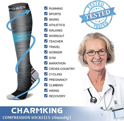 CHARMKING Compression Socks for Women & Men Circulation (8 Pairs) 15-20 mmHg Best Calf Socks Support for Athletic Cycling - Colors B