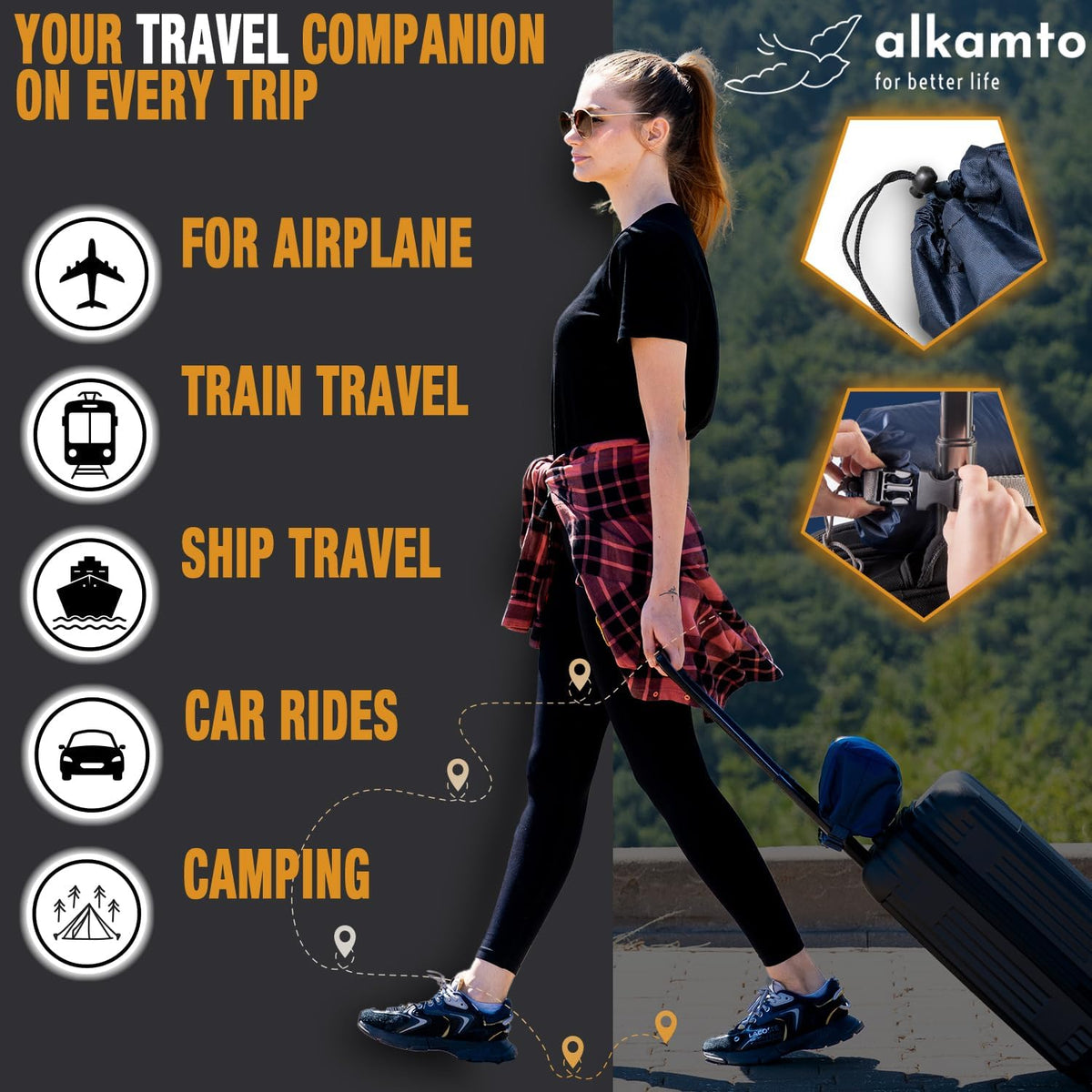 Travel & Camping Comfortable Memory Foam Pillow – Easy to Carry Portable Bag – Temperature Regulating Pillow Case