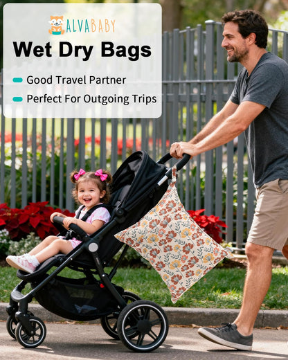 ALVA ALVABABY 3pcs Baby Cloth Diaper Wet/Dry Bags|Waterproof Reusable with Two Pockets|Travel, Beach, Pool, Daycare, Soiled Baby Items,Yoga,Gym Bag for Swimsuits or Wet Clothes 3L-ZM09 - Colors A
