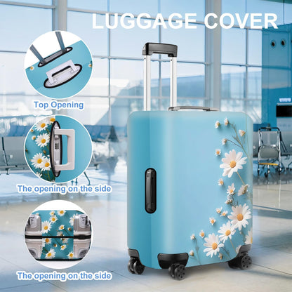 All Over Daisy Print Luggage Cover – Blue Suitcase Protector with White Floral Pattern, Washable Stretch Travel Case for 32-34 Inch Luggage,XL