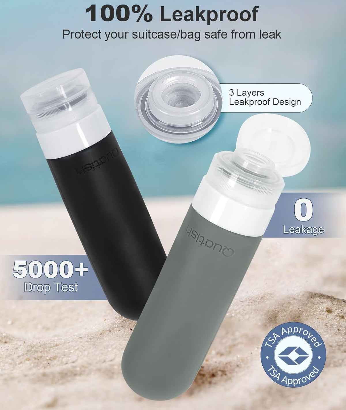 Quatish Travel Bottles for Toiletries 6 Pack, Original Patented Leakproof 3 oz Tsa Approved Travel Size Containers, BPA Free Silicone Shampoo and Conditioner Bottles, Camping Essentials