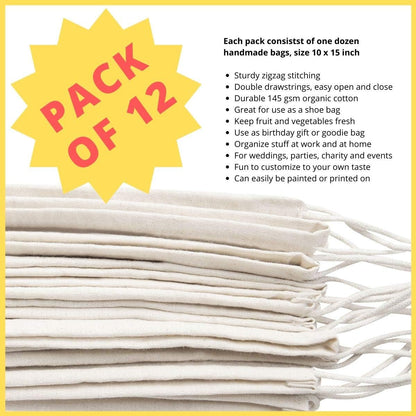 DR 100% Cotton Muslin Drawstring Bags (10x15 Inch - 12-Pack) Large Natural Unbleached Beige Fabric Storage Pouches for Clothes Produce Bulk Items Laundry Travel Gifts