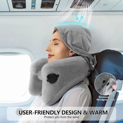 Sunany Travel Neck Pillow for Airplane Pillow Comfortably Supports Head, Neck and Chin, Inflatable Travel Pillow with Soft Velour Cover and Portable Drawstring Bag (Black, H-Shape)