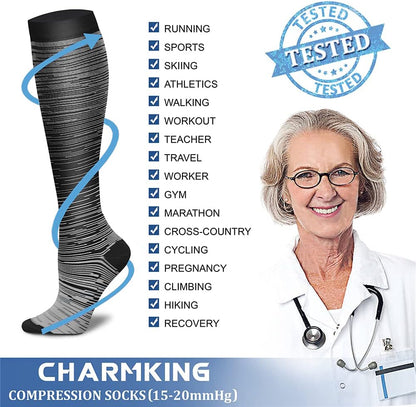 CHARMKING Compression Socks for Women & Men Circulation (8 Pairs) 15-20 mmHg Best Calf Socks Support for Athletic Cycling - Colors B