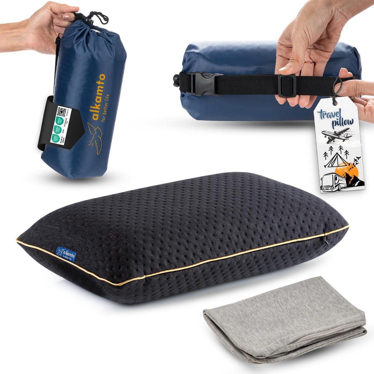 Travel & Camping Comfortable Memory Foam Pillow – Easy to Carry Portable Bag – Temperature Regulating Pillow Case