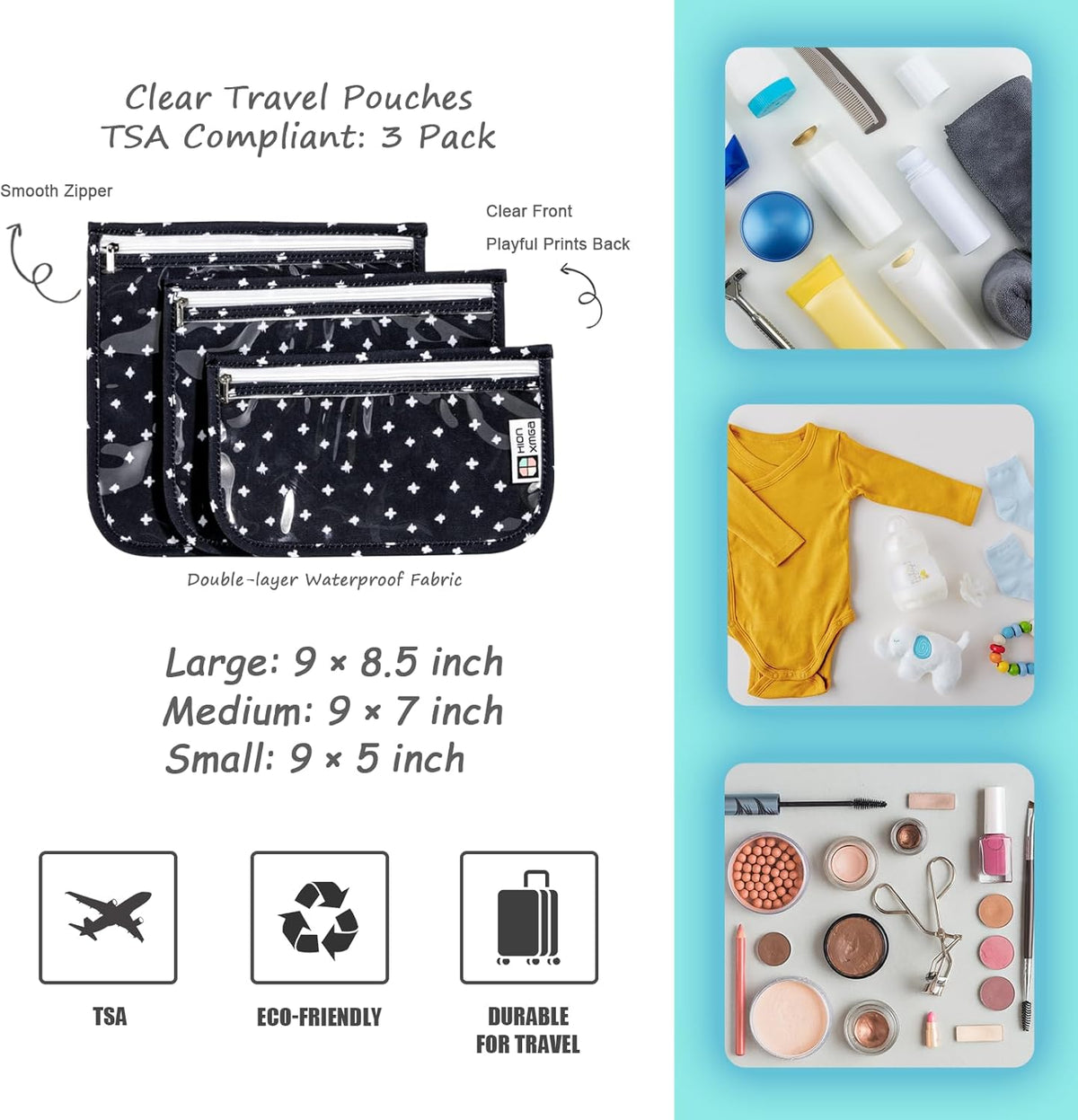 HIONXMGA TSA Approved Toiletry Bag, Set of 3 Clear Travel Toiletry Bag Quart Size Zipper Travel Pouch, Waterproof Makeup Cosmetic Bag for Women Men Kids Toiletries Carry on, Cacti A