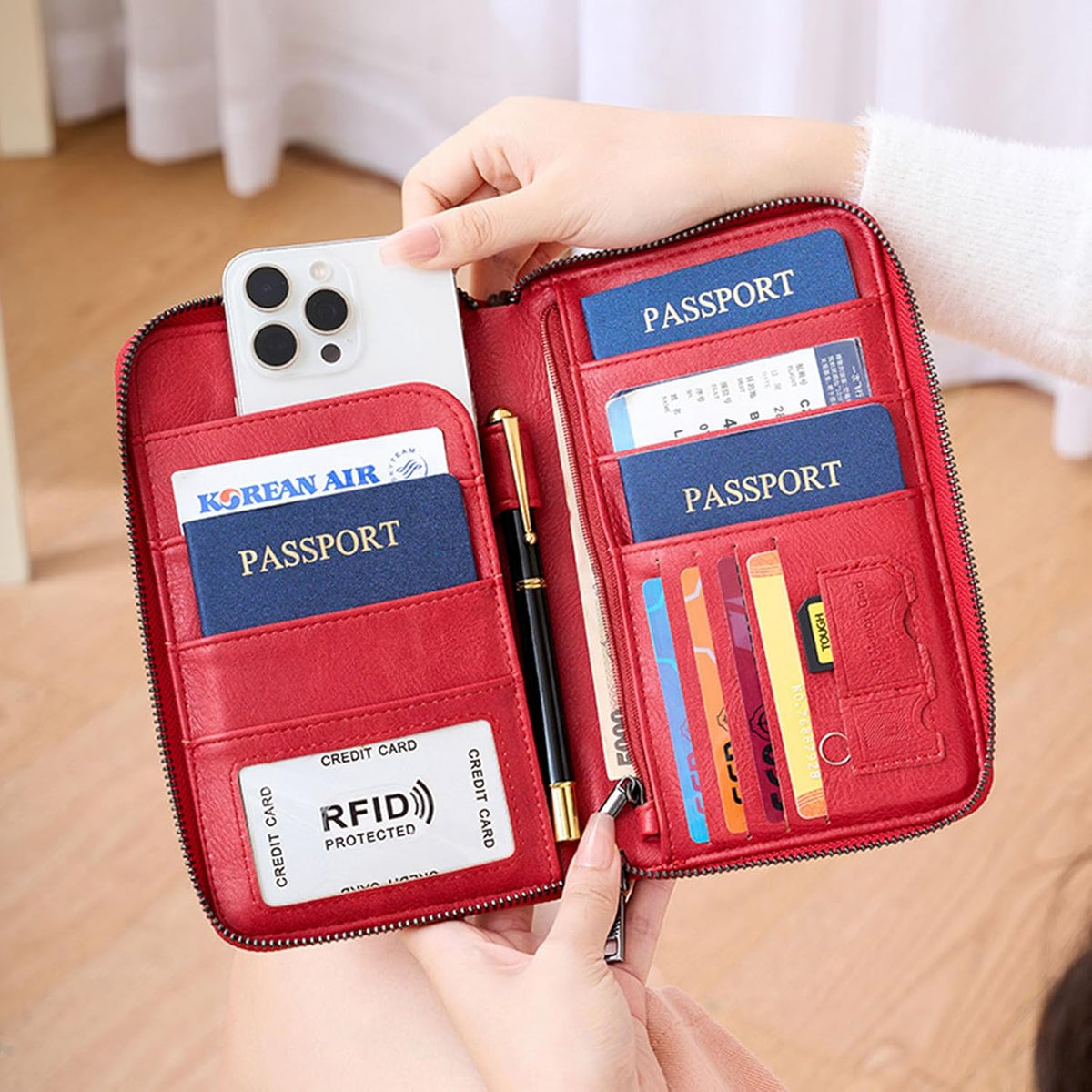 Family Passport Holder for Travel Women and Men RFID Passport Holder with Zipper Passport Case Passport cover Passport Wallet Travel Essentials and Accessories(Family,Pink)
