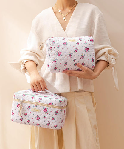 HBselect Quilted Makeup Bag, 3PCS Cotton Large Travel Makeup Bag, Cute Floral Coquette Make up Bag Cosmetic Bag Toiletry Bag for Women Girls - Colors B