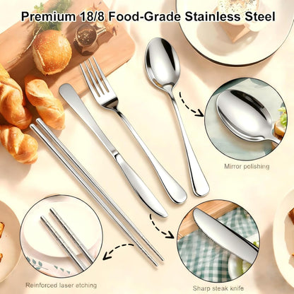Reusable Travel Utensils Set with Case, Premium Stainless Steel Flatware, Portable Silverware for Lunch, Camping, Picnic, Travel Fork and Spoon Set, To Go Utensils, Dishwasher Safe