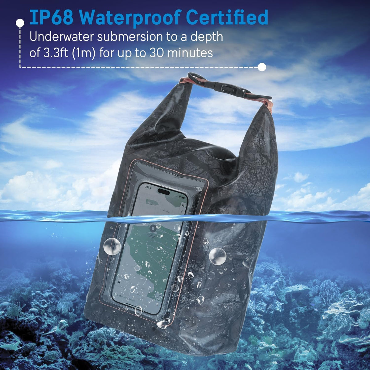 Pelican Marine IP68 Waterproof Dry Bag 2L - Roll Top Waterproof Backpack w/Phone Case/Pouch - Boating & Kayak Accessories - Essentials for Camping Swimming Beach Fishing Rafting Travel - Black/Yellow