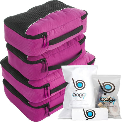 bago 7 Pcs Packing Cubes for Travel - 4 Travel Packing Cubes for Suitcases with 3 ZipLock Bags - Luggage Organizer Bags to Get Maximum Storage, Save Time & Effort to Pack (Green Red PurpleYellow)