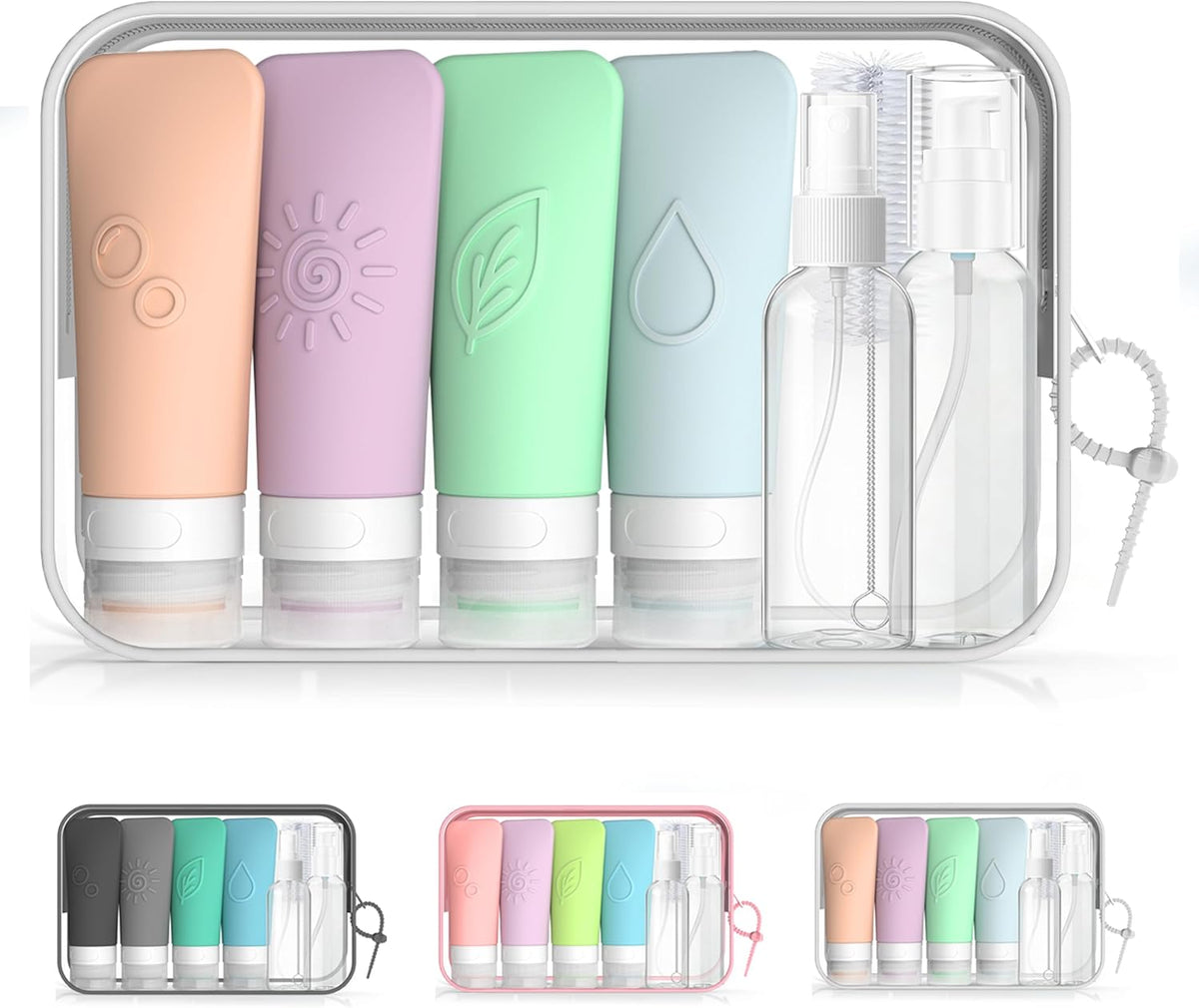 16-Piece Silicone Travel Bottles Set – TSA Approved Leakproof Toiletry Kit with Flat Easy-Squeeze Bottles, Pump & Spray, Waterproof Bag