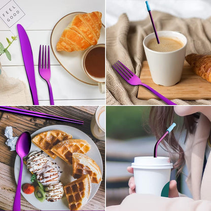 Travel Utensils Set with Case Reusable Portable Cutlery Set Stainless Steel 8pcs Including Dinner Knife Fork Spoon Chopsticks Straws(Silver)