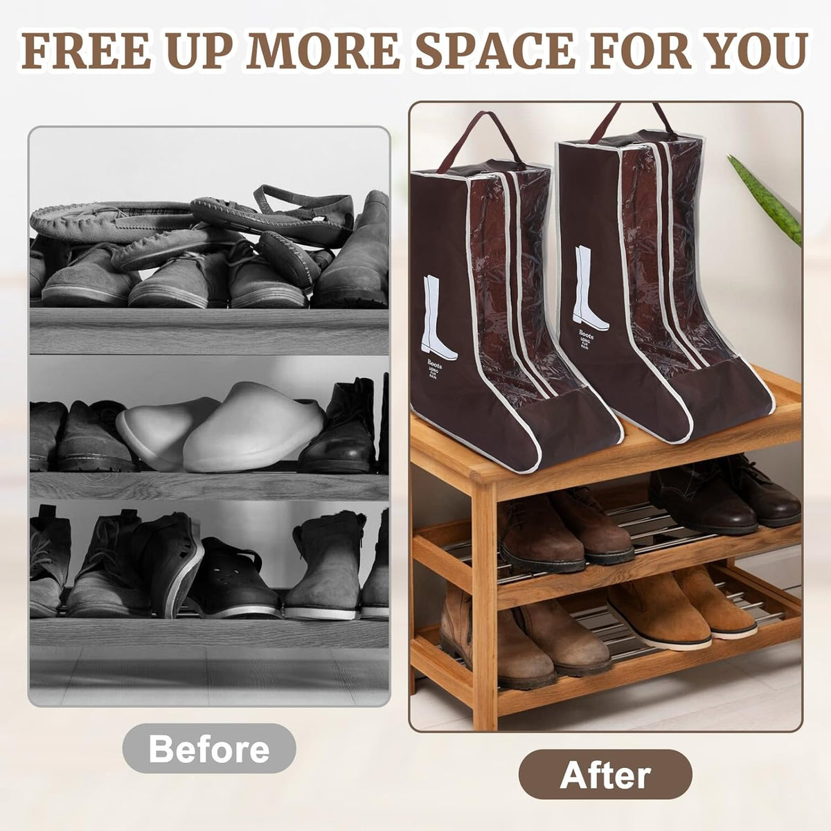 2 Pcs Tall Boot Bags for Cowboy Boots, Visualization Boot Storage Bag, Waterproof, Dustproof, Portable, Suitable for Travel and Daily Use, Foldable, Leather Shoes, Sports Shoes Storage (Cream White)