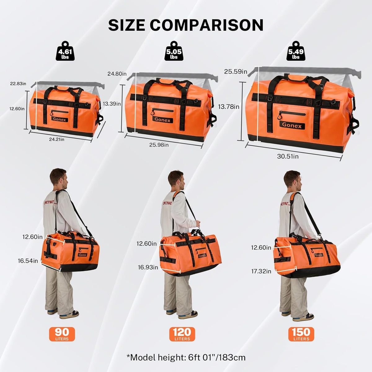 Gonex Waterproof Duffel Bag, 90L Heavy Duty Dry Duffle Bag with Reinforced Thickened Bottom, 3-in-1 Convertible Large Travel Backpack for Kayaking, Motorcycle, Camping & Boating, Orange