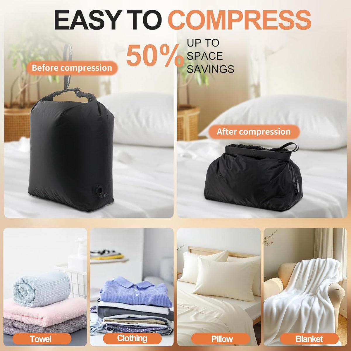 Travel Laundry Bag, Pump Free Vacuum Compression Dirty Clothes Bag Reusable Wet Dry Bags Large Capacity Space Saver Bags Camp Washable Clothes Organizer for Sports Dorm Laundromat (1 Pcs) (Black, M)
