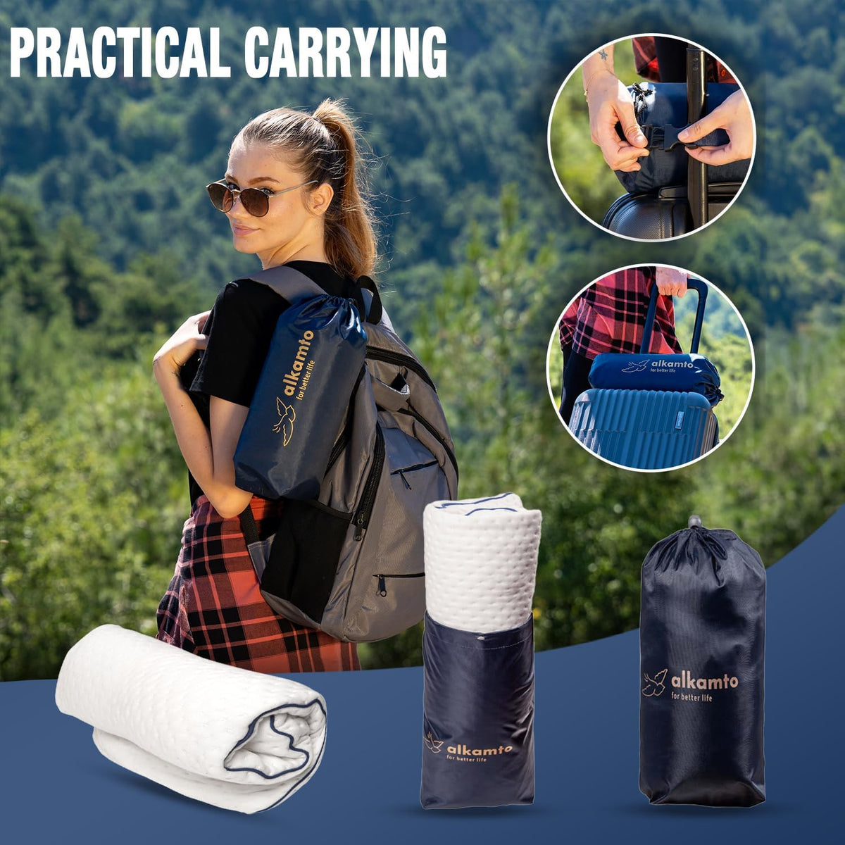 Travel & Camping Comfortable Memory Foam Pillow – Easy to Carry Portable Bag – Temperature Regulating Pillow Case