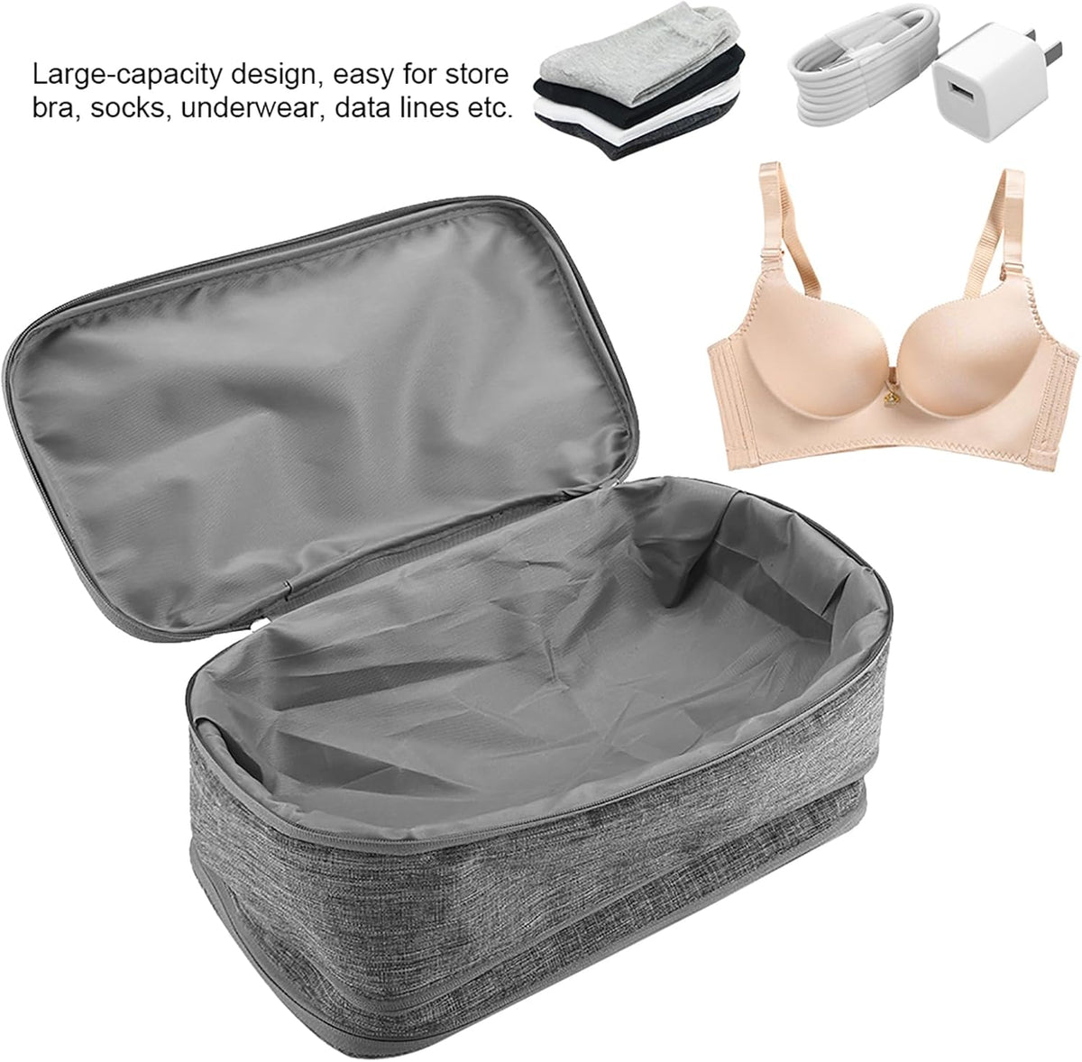 Milltrip Travel Underwear Bag, Waterprof Portable Storage Case with Multiple Layers & Pockets for Bras, Socks, Underwear, USB Cables, Compact Travel Bra (Gray)