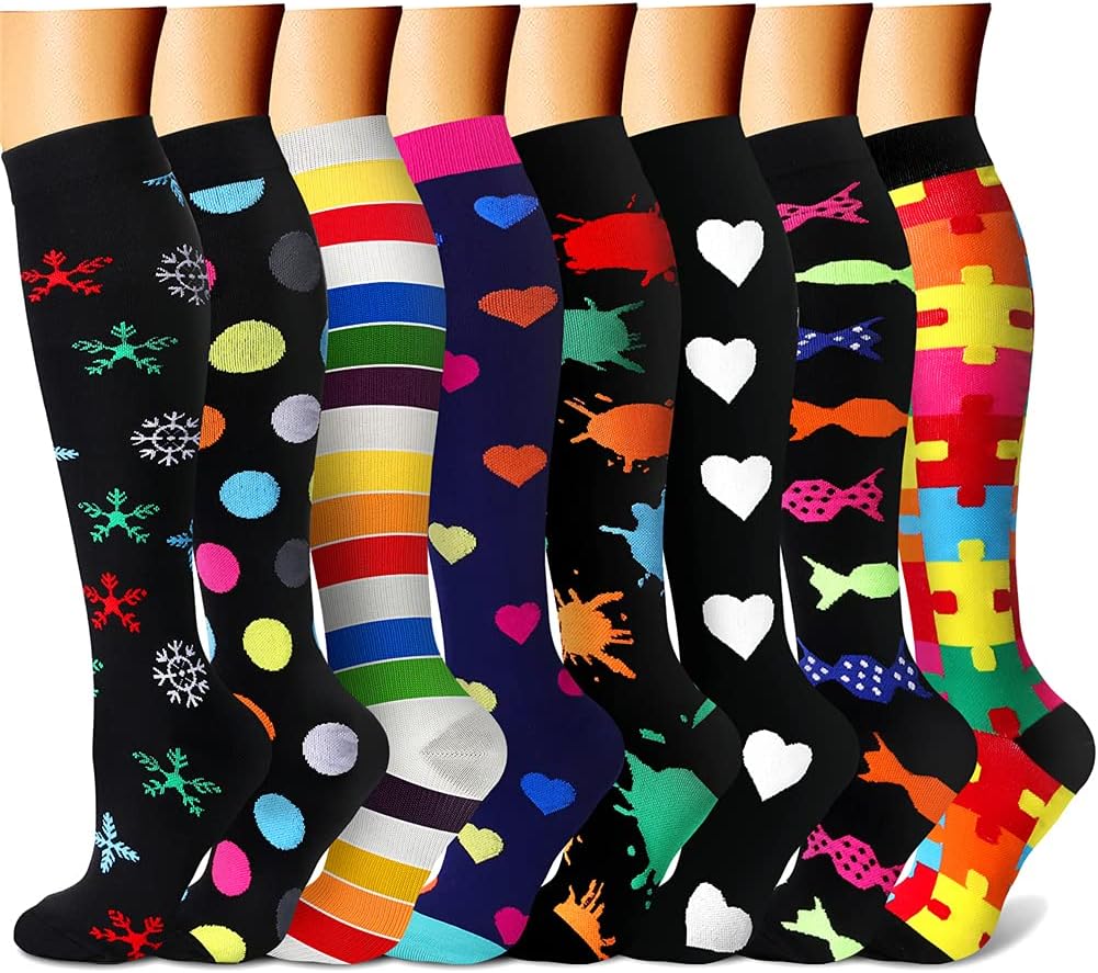 CHARMKING Compression Socks for Women & Men Circulation (8 Pairs) 15-20 mmHg Best Calf Socks Support for Athletic Cycling - Colors B