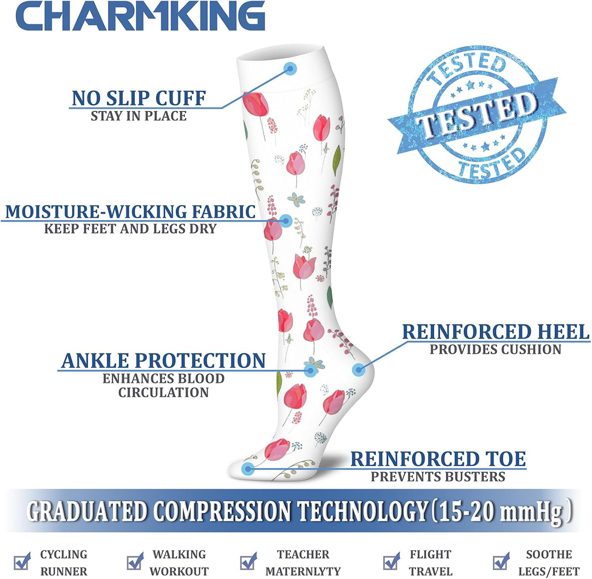 CHARMKING Compression Socks for Women & Men Circulation (8 Pairs) 15-20 mmHg Best Calf Socks Support for Athletic Cycling - Colors B