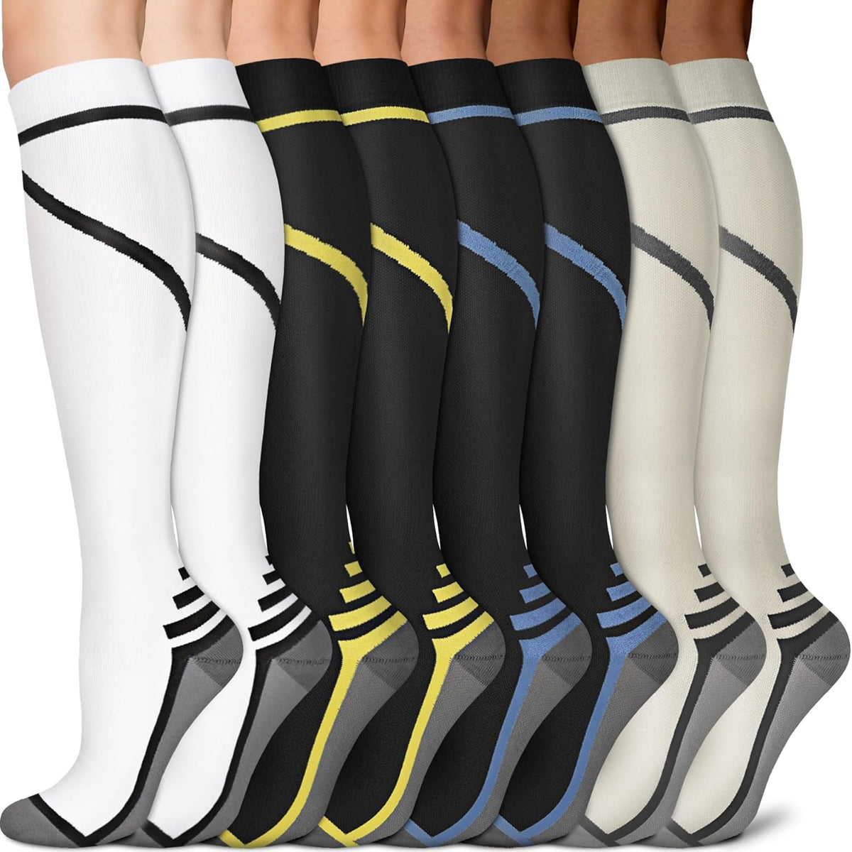 Sooverki Copper Compression Socks for Men & Women 8 Pack 15-20mmHg - Knee High Stockings Best Support for Running Athletic
