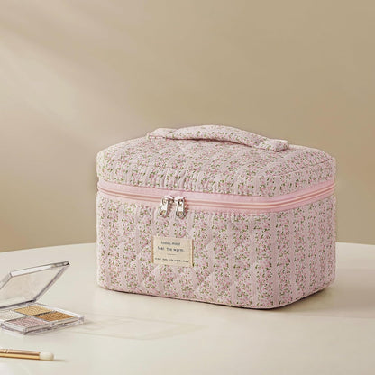 HBselect Quilted Makeup Bag, 3PCS Cotton Large Travel Makeup Bag, Cute Floral Coquette Make up Bag Cosmetic Bag Toiletry Bag for Women Girls - Colors A